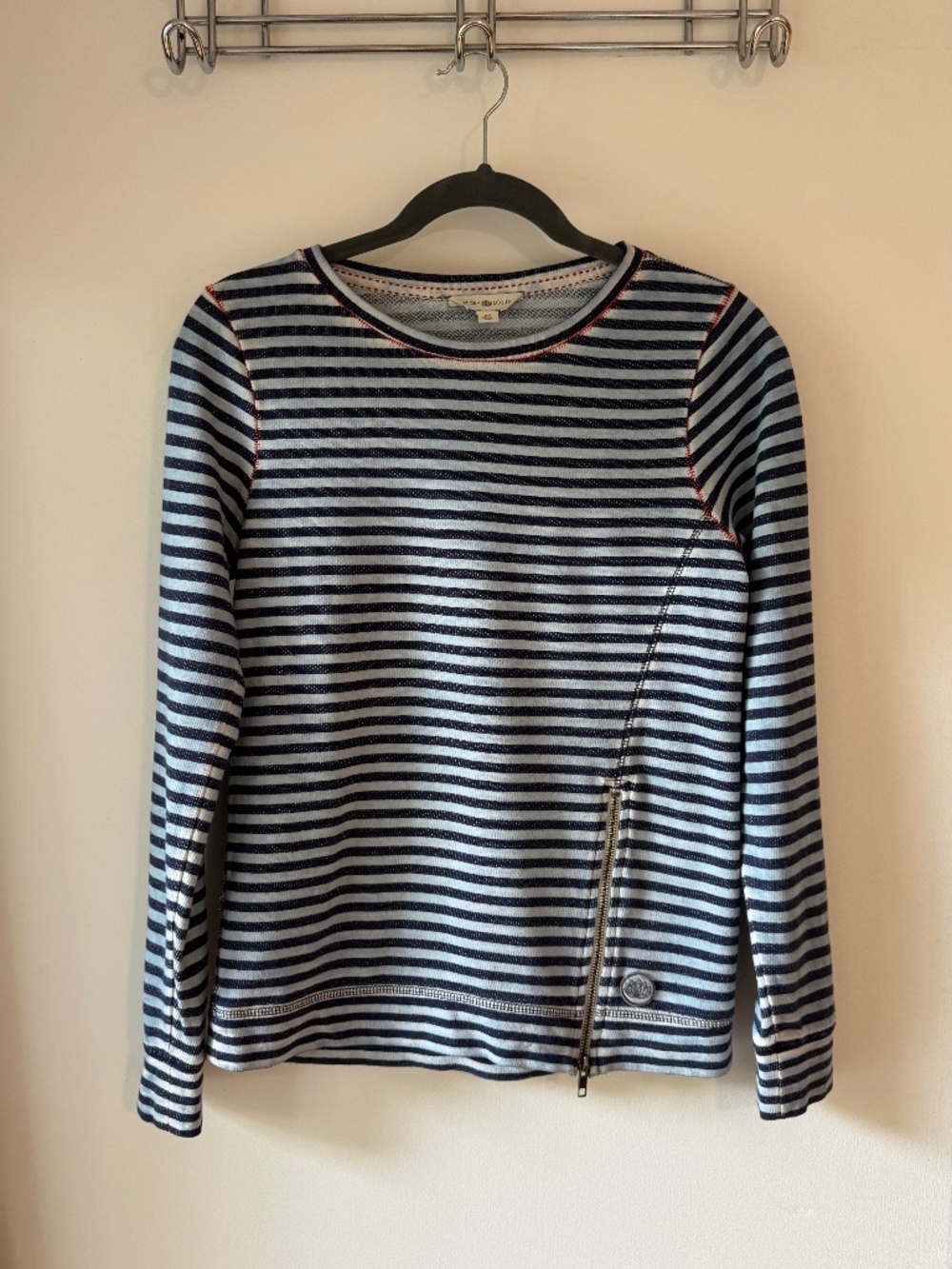 Lucky Lotus Blue & Navy Striped Sweatshirt Top Asymmetrical Zip XS